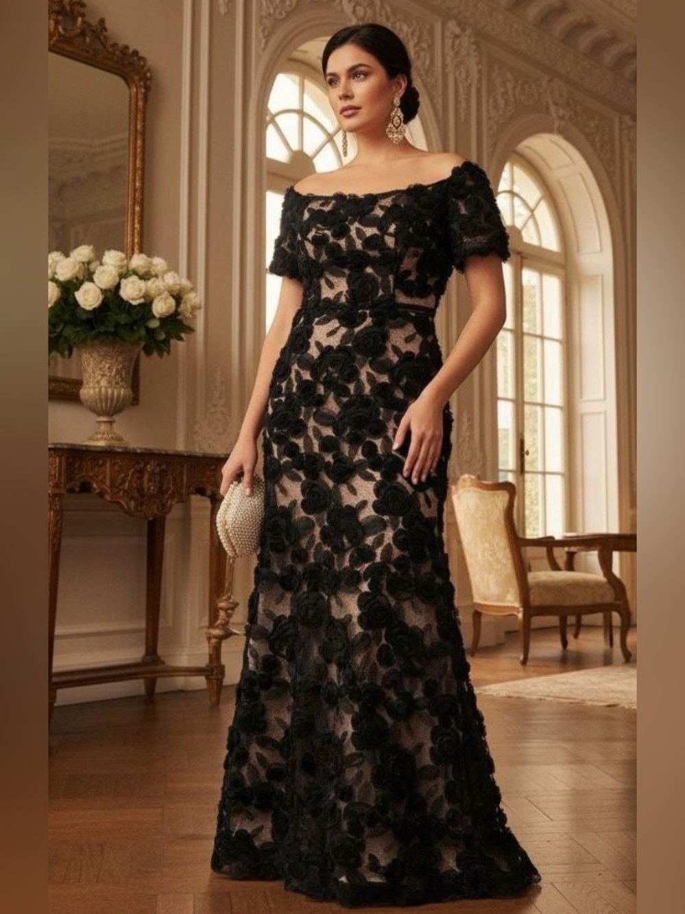 SHANI Off-Shoulder Black Floral Appliqué Evening Gown